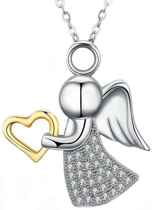 Crystal Angel's Necklace heart real 925 sterling silver 18k Gold plated Pendant