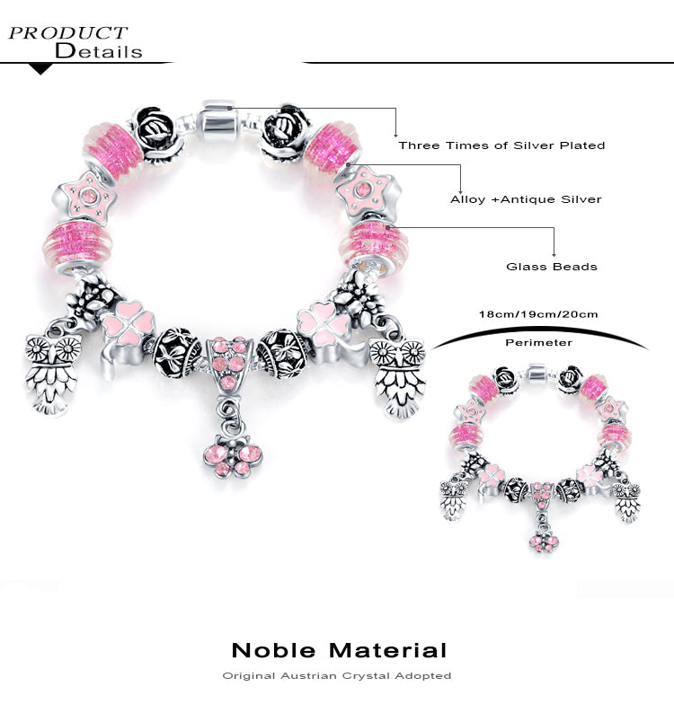 VPKJewelry Charm Owl European Silver Metal Bracelet Austrian @ Murano Crystal