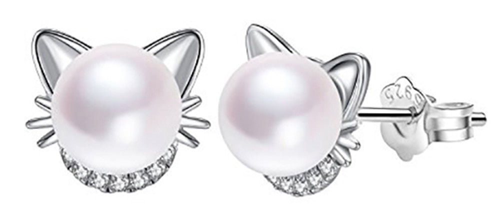 Women Real 925 Sterling Silver Cat Stud Pearl Smal Earrings Black White Yellow