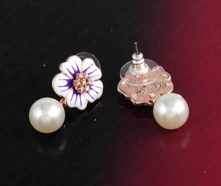 VPKJewelry 18k rose gold plated Austrian crystal enameled pearl flower earring