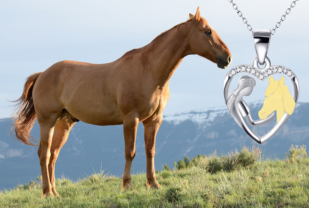 Horse Girl Necklace Heart 925 sterling silver 14k gold plat Pendant 16'' chain