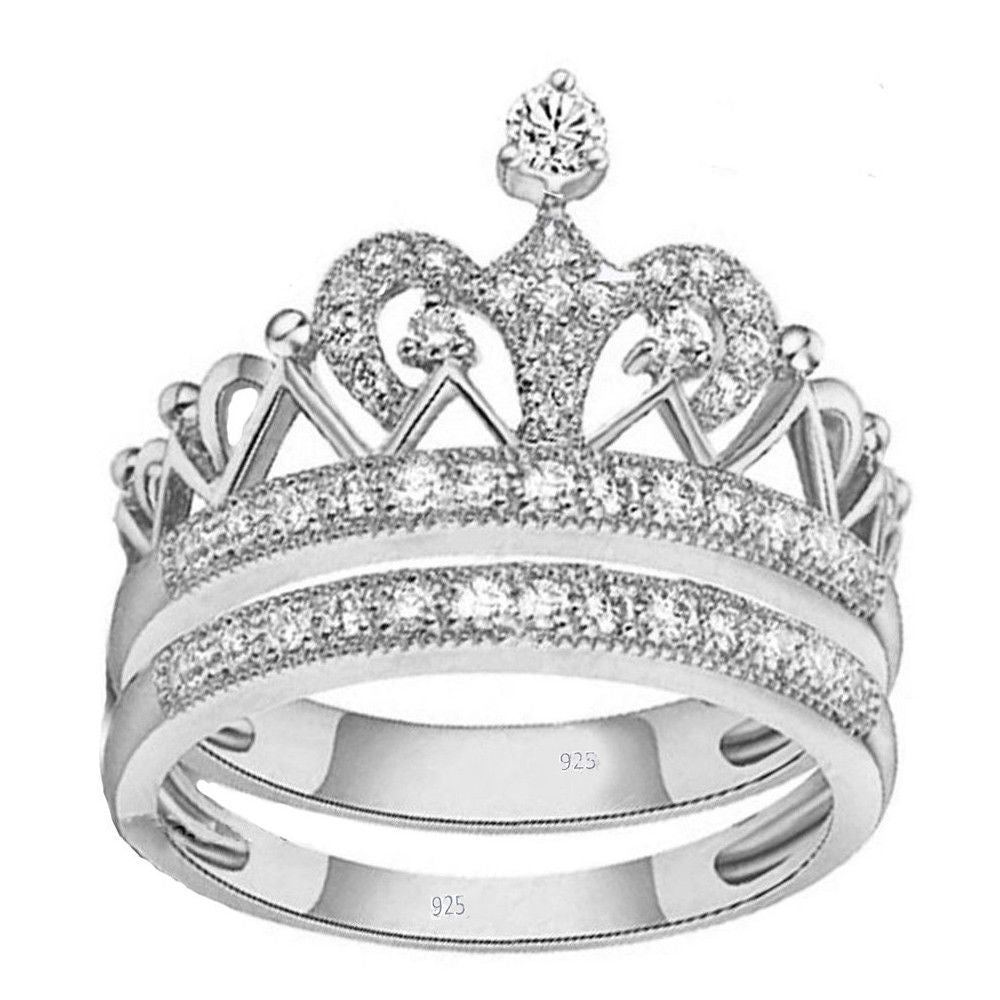 Crown Ring Real silver 925 sterling 2ct Women Wedding Engagement Sz 4-11.5