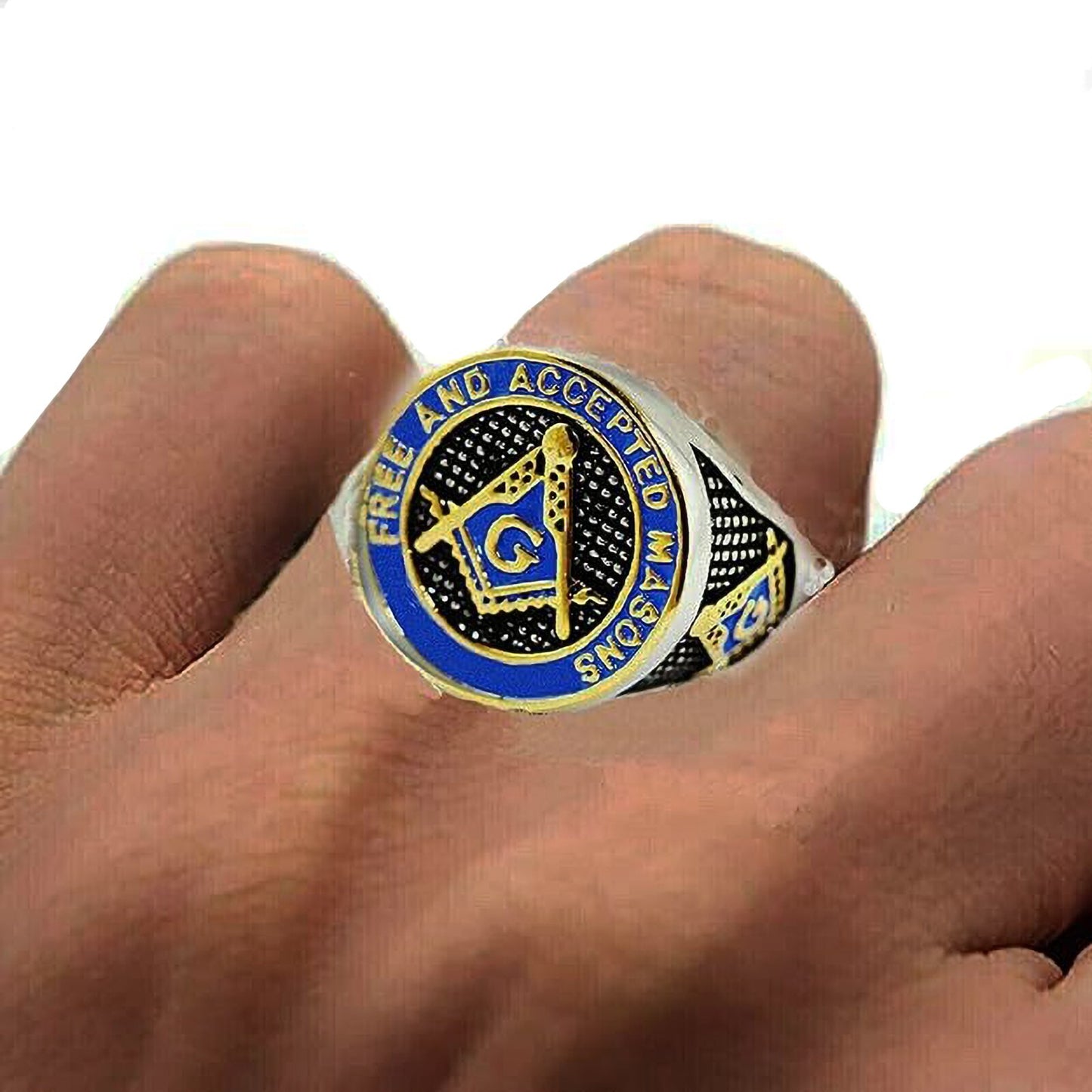 Mason Ring Masonic Freemason Master Men Stainless Steel Blue Enamel Gold plated