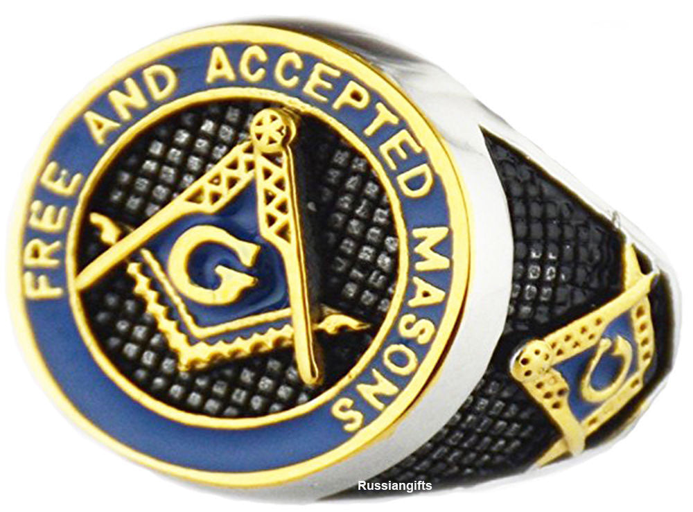 Mason Ring Masonic Freemason Master Men Stainless Steel Blue Enamel Gold plated