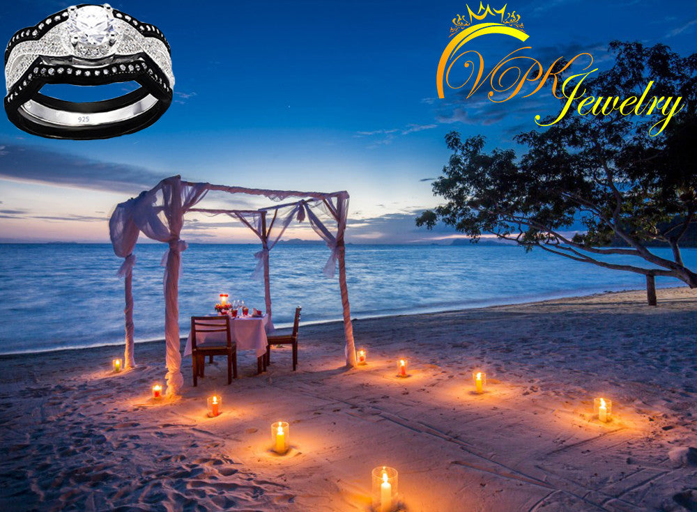 Real 925 Sterling Silver Wedding 3pc Cubic Zirconia set black and white Ring