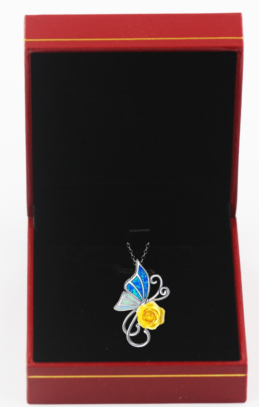 Butterfly Love Necklace Rose Pendant Chain Silver Plated box