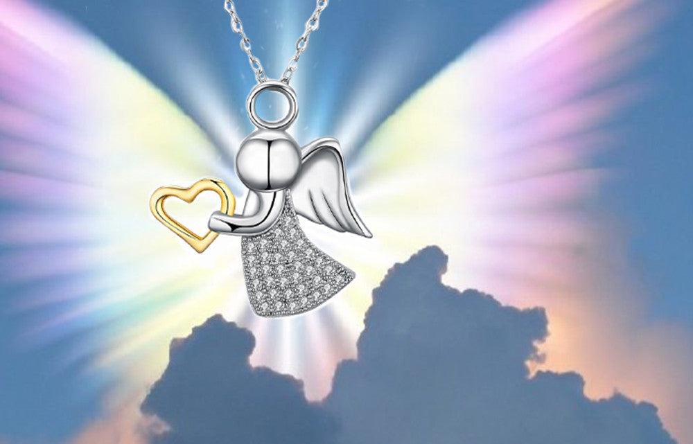 Crystal Angel's Necklace heart real 925 sterling silver 18k Gold plated Pendant