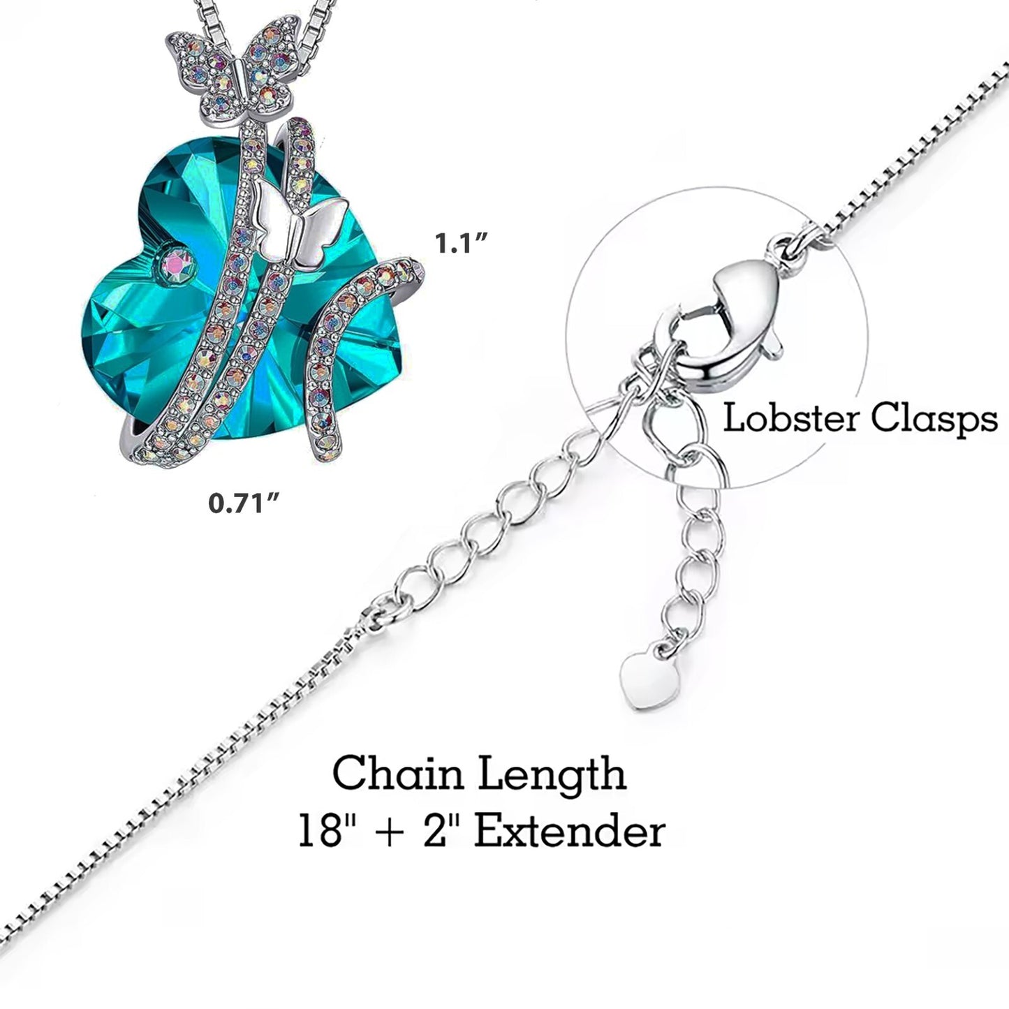 Butterfly Love Necklace Colorful Crystal Heart Pendant Chain Silver Plated box