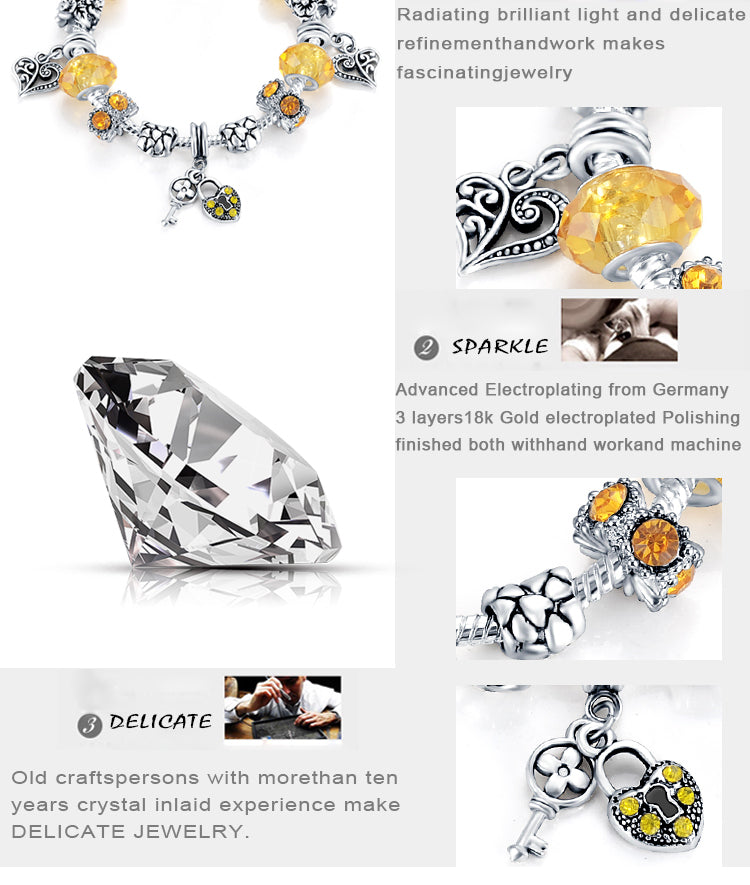Charm Lock Key Heart European Bracelet Austrian and Murano Crystal  Chain Bead