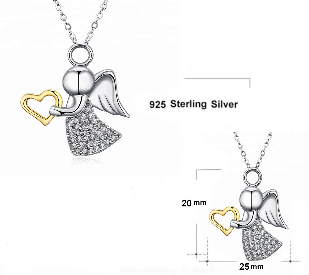 Crystal Angel's Necklace heart real 925 sterling silver 18k Gold plated Pendant