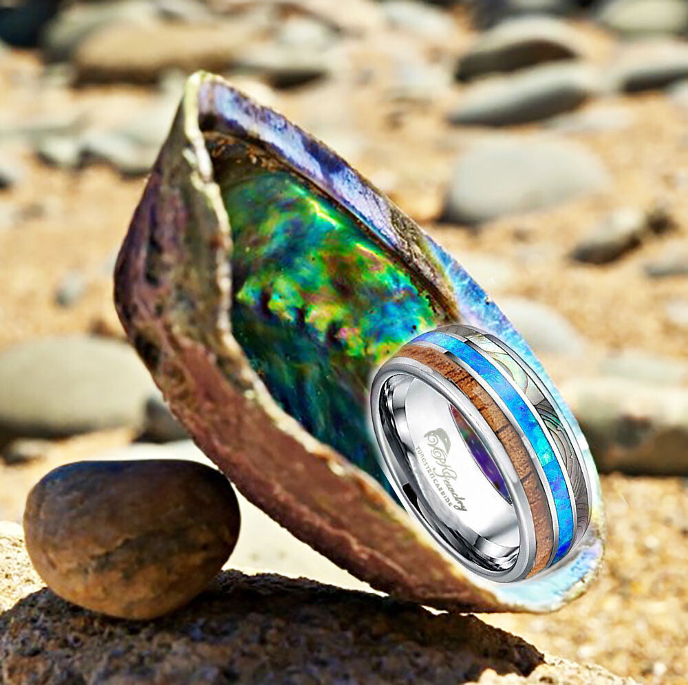 VPKJewelry Tungsten Men Women Wedding Band Ring Opal Abalone shell Wood box