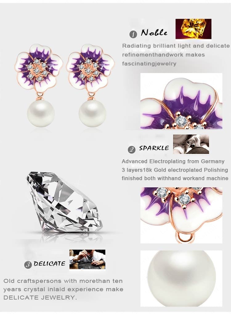 VPKJewelry 18k rose gold plated Austrian crystal enameled pearl flower earring