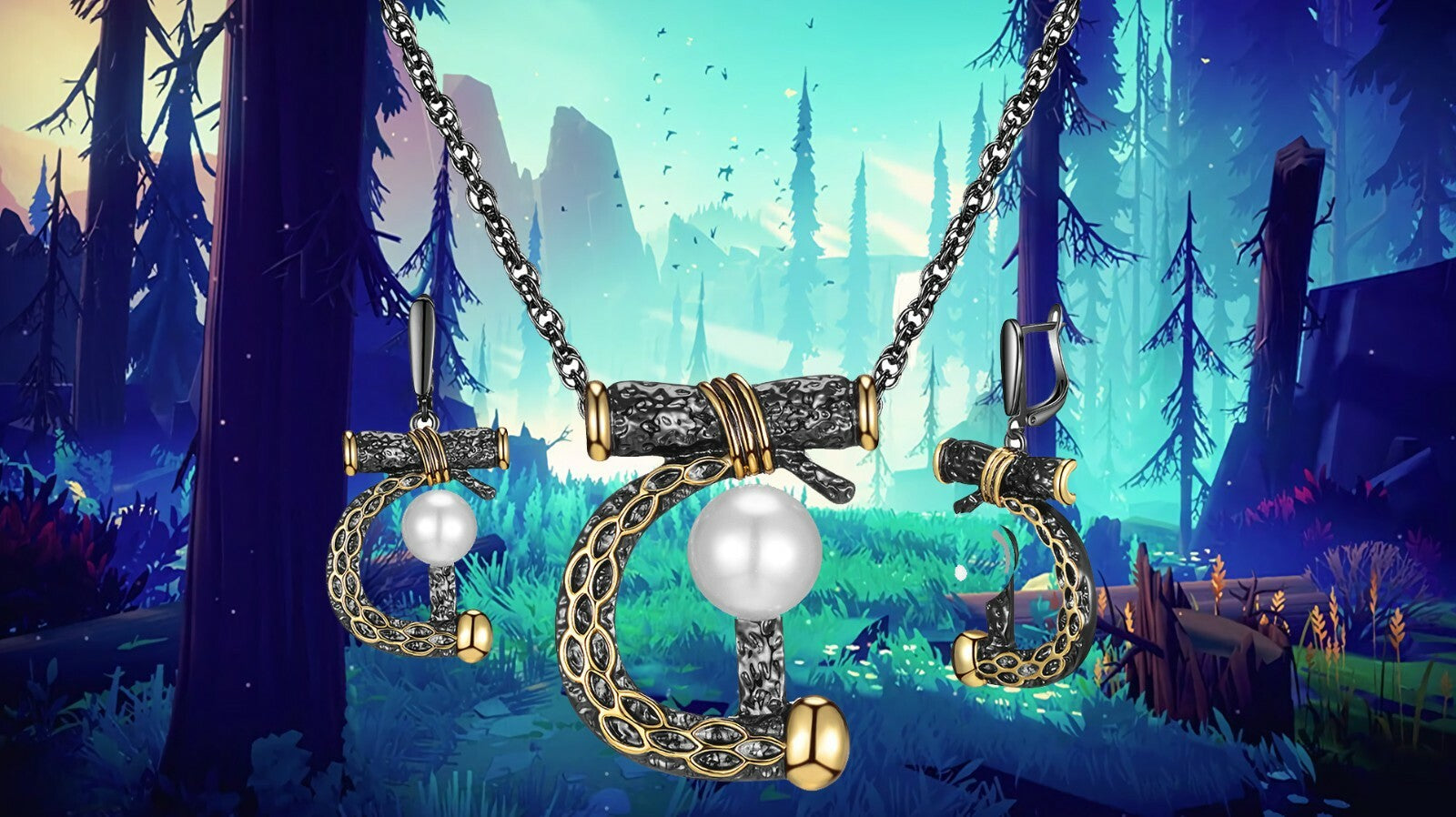 Love Big Set Women's Earrings Necklace Chain Pearl 18k black white black plated