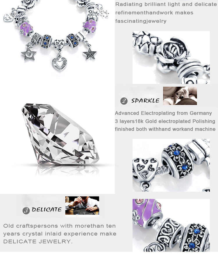 VPKJewelry Charm Hearts Stars Bracelet Austrian and Murano Crystal Beads Chain