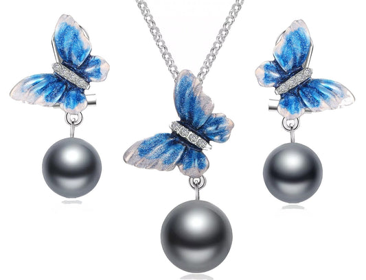 Women's Butterfly Love Set of Earrings Necklace Pearl 14k white gold plated