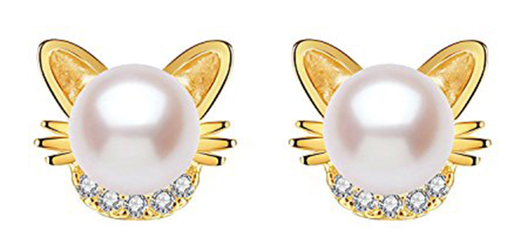 Women Real 925 Sterling Silver Cat Stud Pearl Smal Earrings Black White Yellow