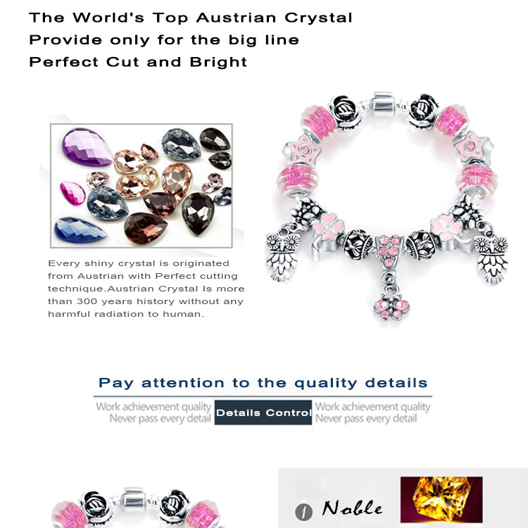 VPKJewelry Charm Owl European Silver Metal Bracelet Austrian @ Murano Crystal