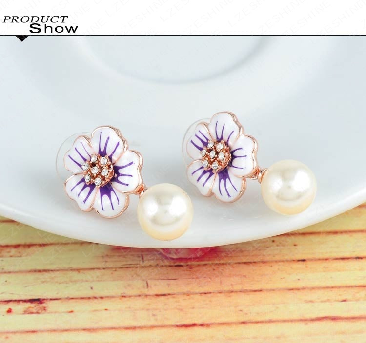 VPKJewelry 18k rose gold plated Austrian crystal enameled pearl flower earring