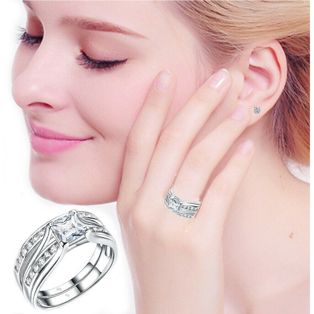 Womens silver ring Real 925 sterling Cubic Zirconia Set USA Seller