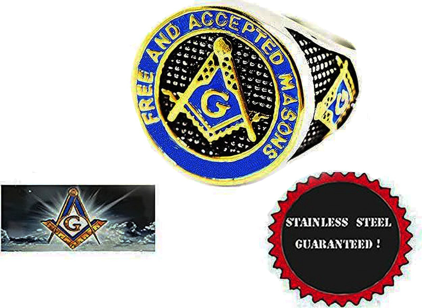 Mason Ring Masonic  Freemason Master Men Stainless Steel Blue Enamel Gold plated