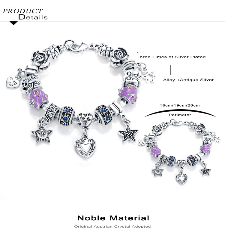 VPKJewelry Charm Hearts Stars Bracelet Austrian and Murano Crystal Beads Chain