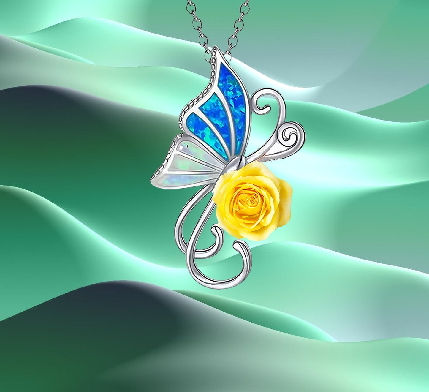 Butterfly Love Necklace Rose Pendant Chain Silver Plated box
