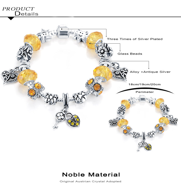 Charm Lock Key Heart European Bracelet Austrian and Murano Crystal  Chain Bead