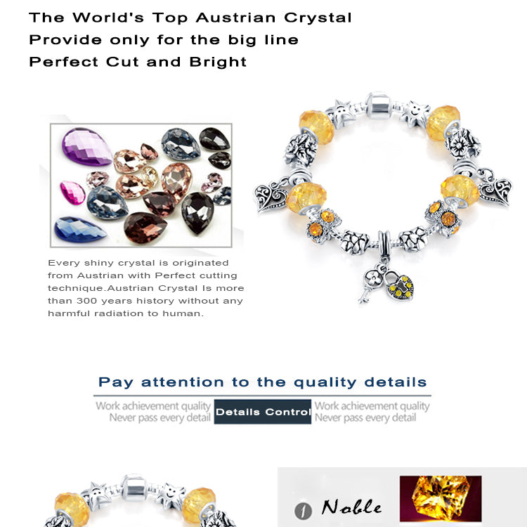 Charm Lock Key Heart European Bracelet Austrian and Murano Crystal  Chain Bead