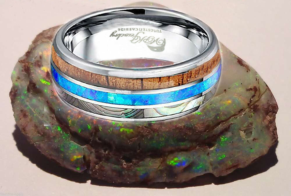VPKJewelry Tungsten Men Women Wedding Band Ring Opal Abalone shell Wood box