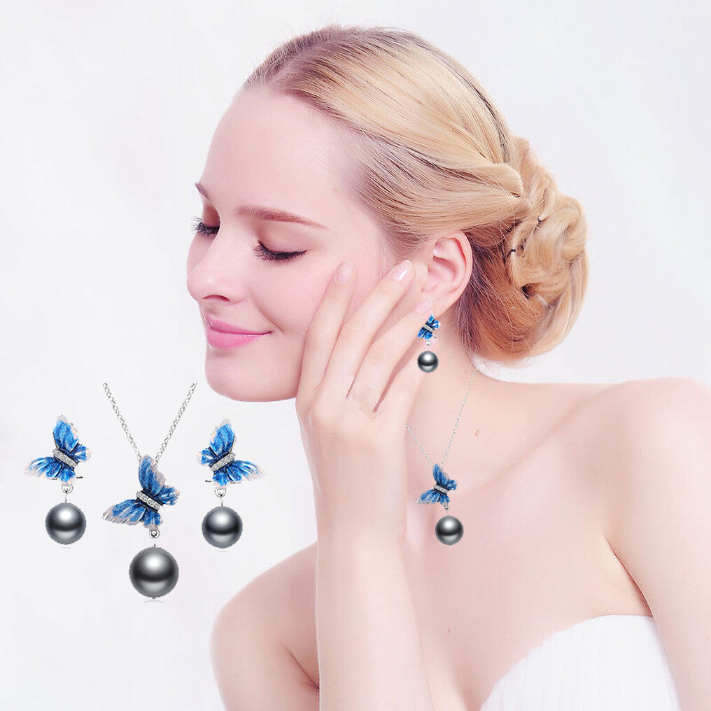 Women's Butterfly Love Set of Earrings Necklace Pearl 14k white gold plated