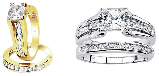 Women's Ring Real 925 Sterling silver yellow Cubic Zirconia Wedding set S 4-11.5