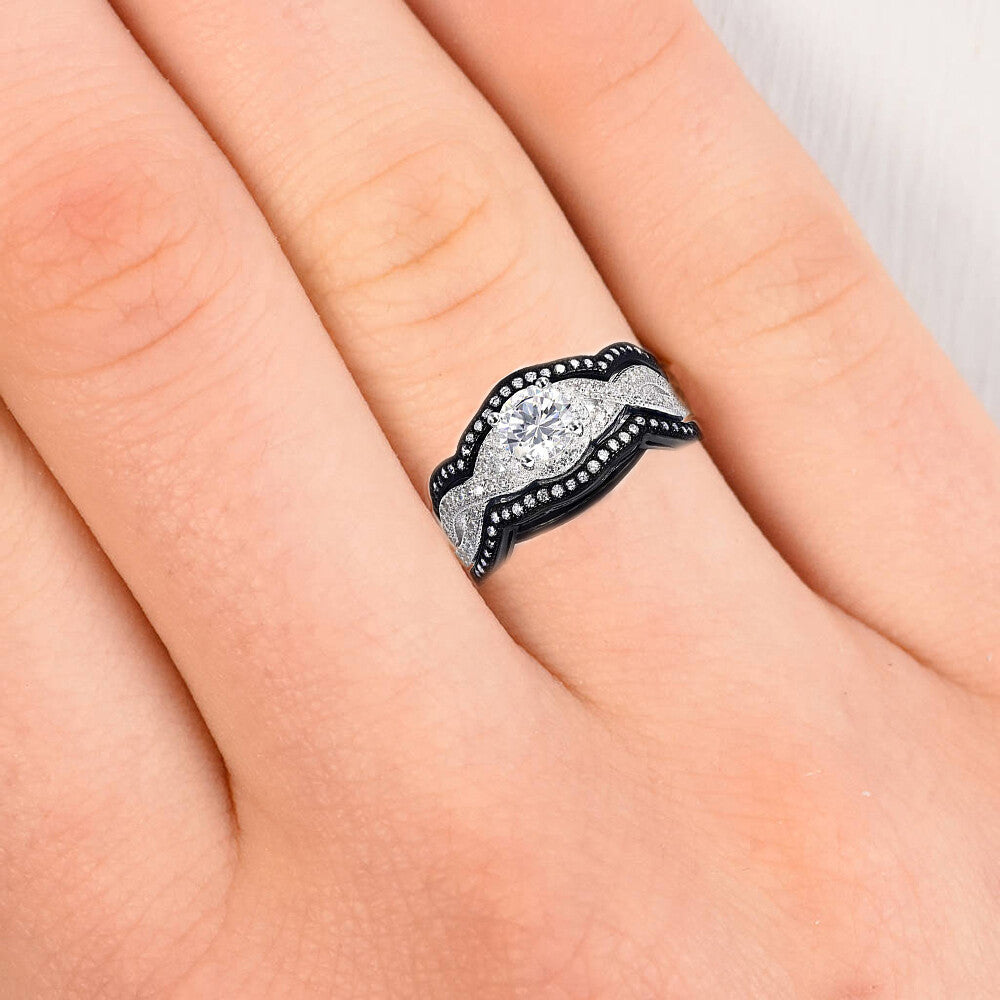 Real 925 Sterling Silver Wedding 3pc Cubic Zirconia set black and white Ring