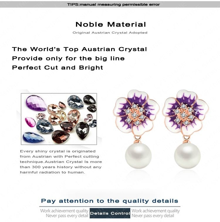VPKJewelry 18k rose gold plated Austrian crystal enameled pearl flower earring