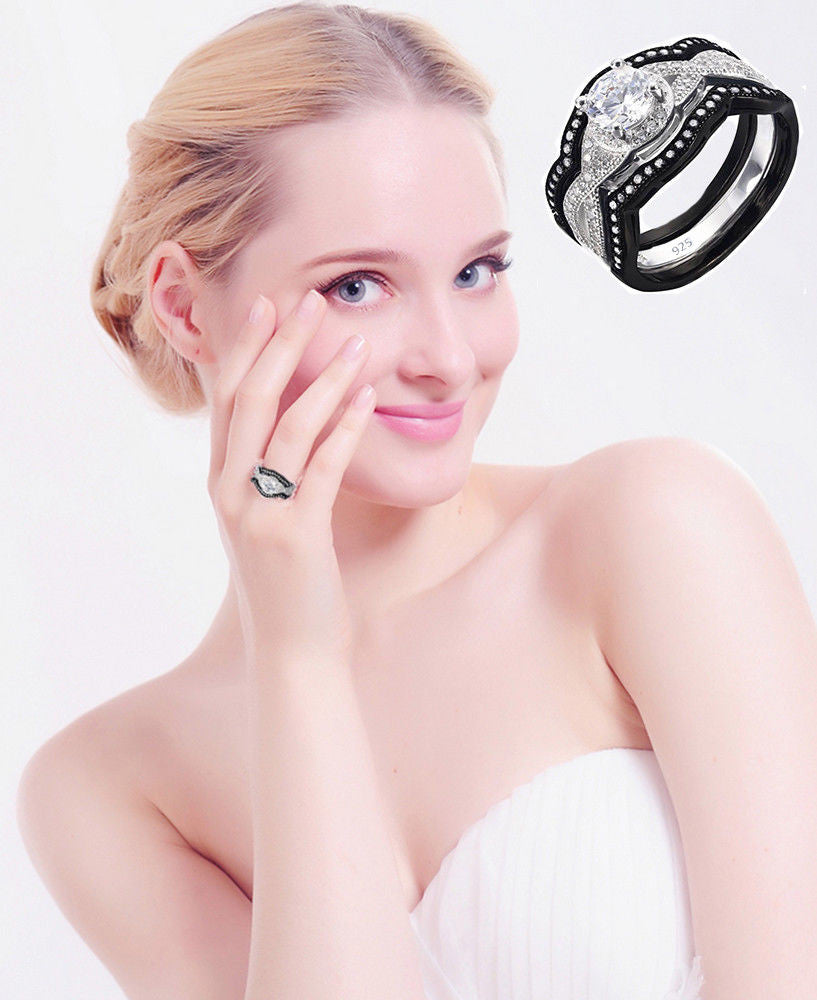Real 925 Sterling Silver Wedding 3pc Cubic Zirconia set black and white Ring