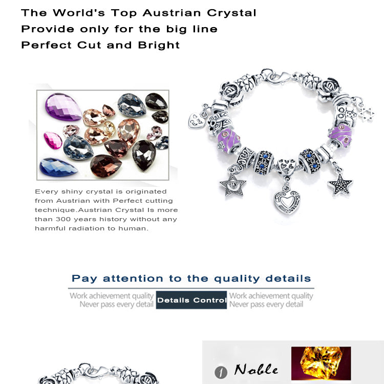 VPKJewelry Charm Hearts Stars Bracelet Austrian and Murano Crystal Beads Chain