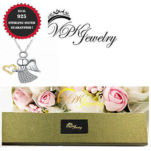 Crystal Angel's Necklace heart real 925 sterling silver 18k Gold plated Pendant