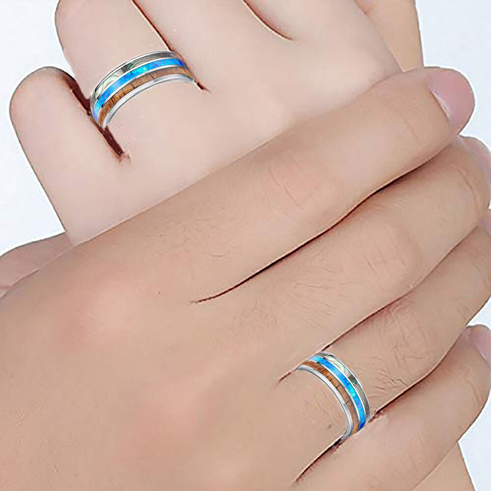 VPKJewelry Tungsten Men Women Wedding Band Ring Opal Abalone shell Wood box