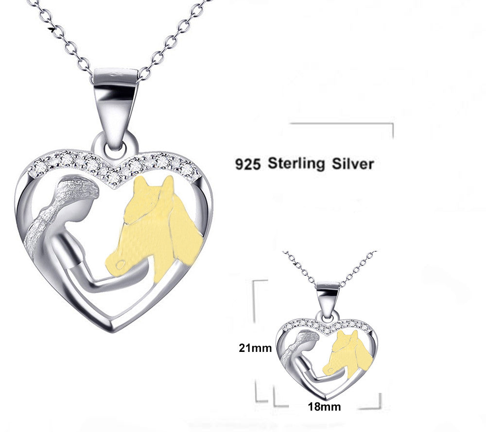 Horse Girl Necklace Heart 925 sterling silver 14k gold plat Pendant 16'' chain