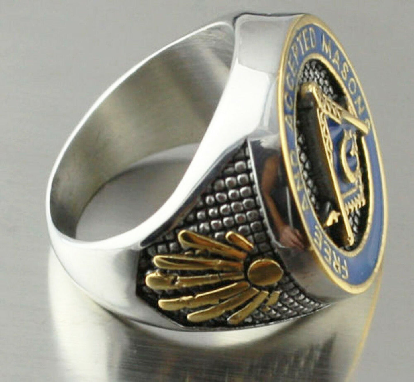 Mason Ring Masonic Freemason Master Men Stainless Steel Blue Enamel Gold plated