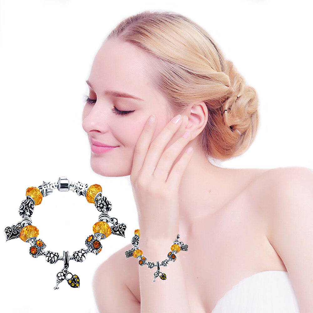 Charm Lock Key Heart European Bracelet Austrian and Murano Crystal  Chain Bead