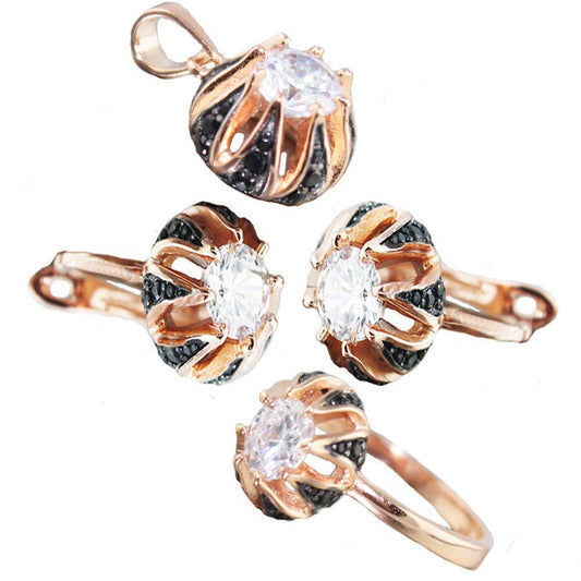 Russian Earring Ring Pendant Real 925 Sterling Silver set Rose 14k Gold Plated