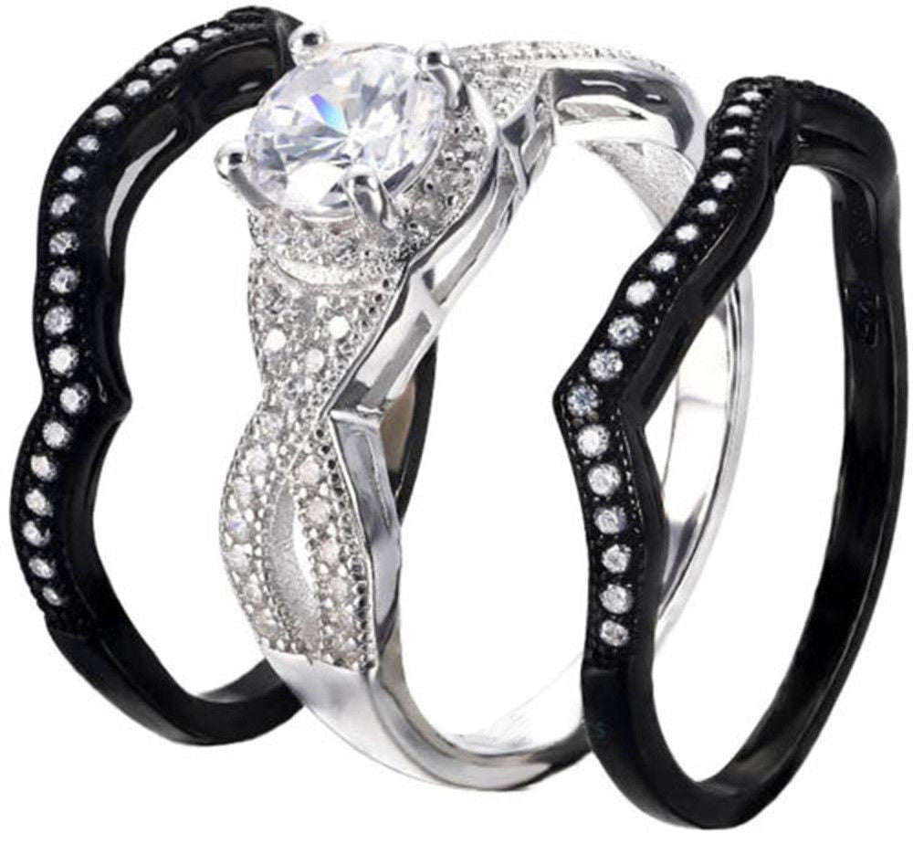 Real 925 Sterling Silver Wedding 3pc Cubic Zirconia set black and white Ring