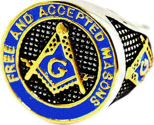 Mason Ring Masonic  Freemason Master Men Stainless Steel Blue Enamel Gold plated