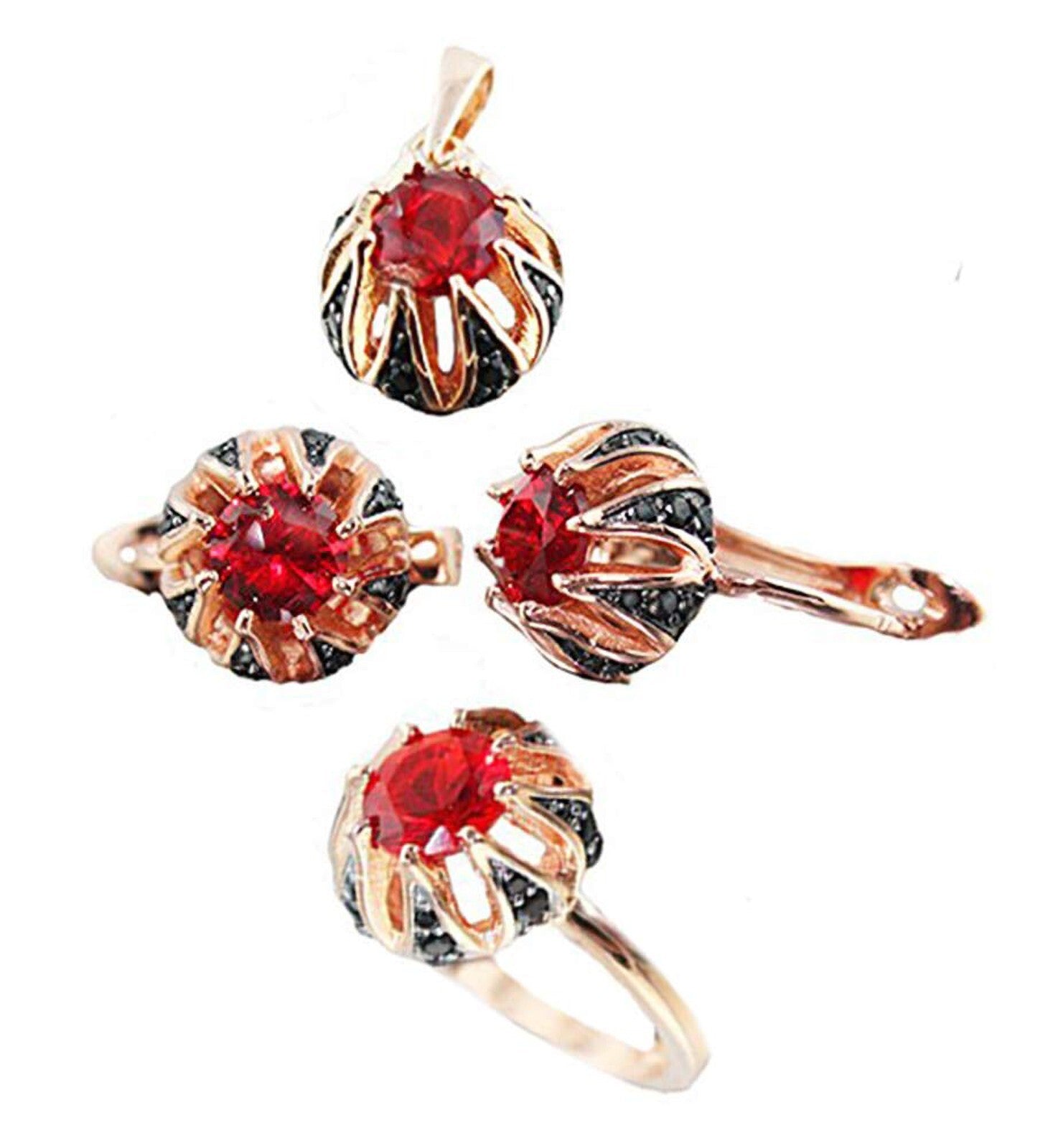 Russian Earring Ring Pendant Real 925 Sterling Silver set Rose 14k Gold Plated