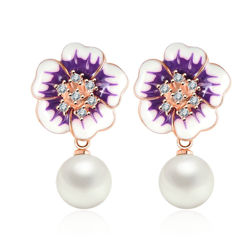VPKJewelry 18k rose gold plated Austrian crystal enameled pearl flower earring
