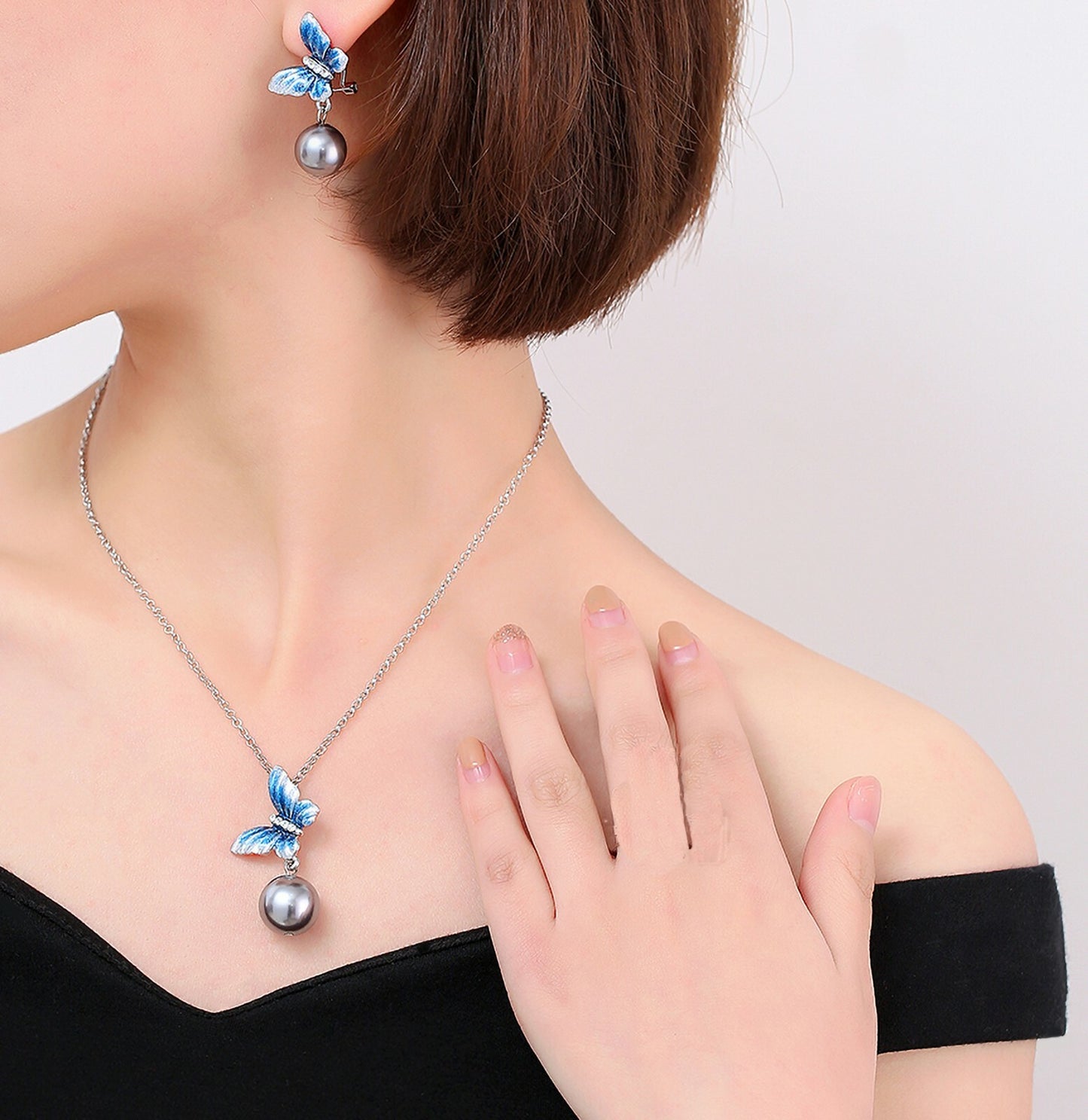 Women's Butterfly Love Set of Earrings Necklace Pearl 14k white gold plated