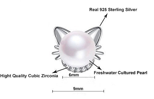 Women Real 925 Sterling Silver Cat Stud Pearl Smal Earrings Black White Yellow