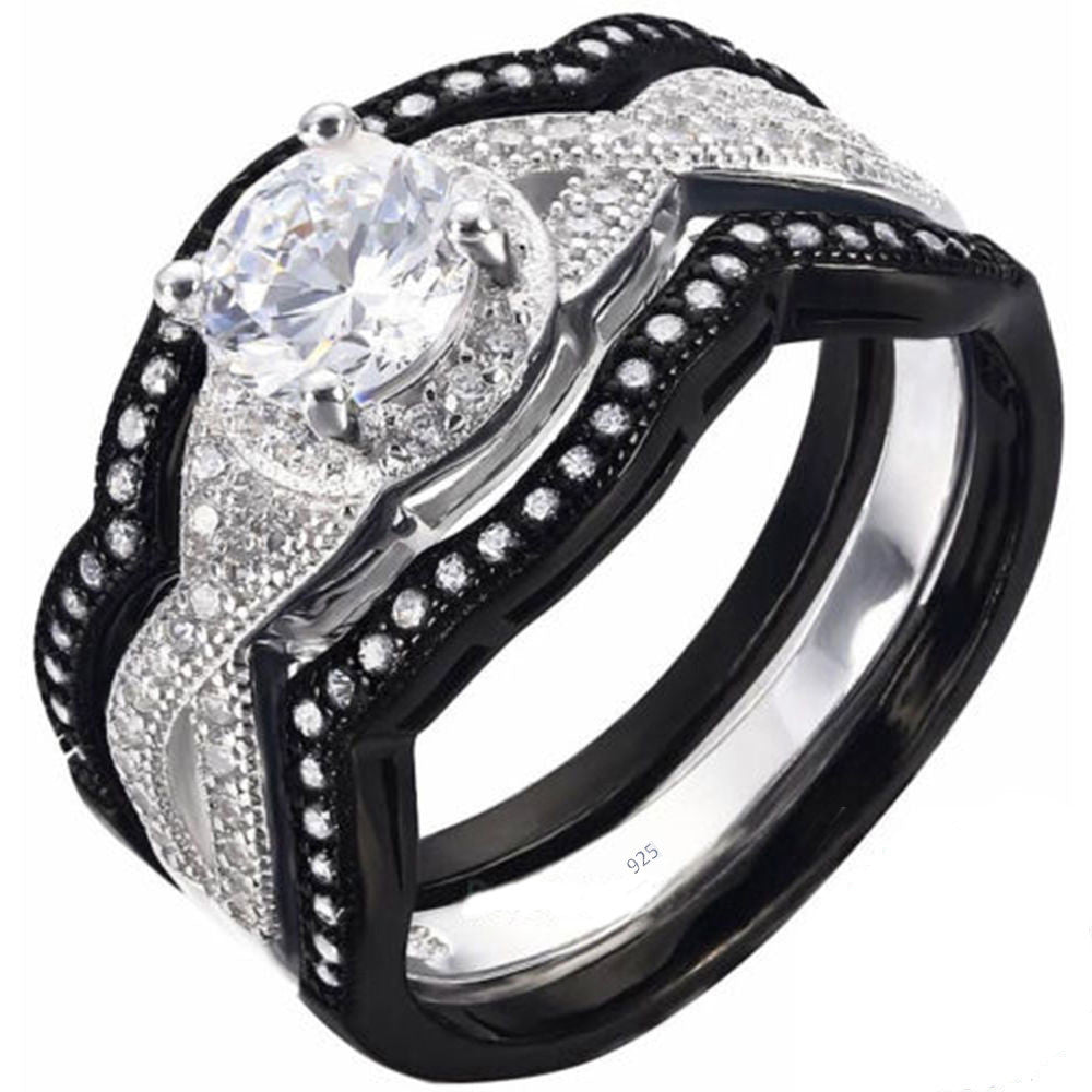Real 925 Sterling Silver Wedding 3pc Cubic Zirconia set black and white Ring