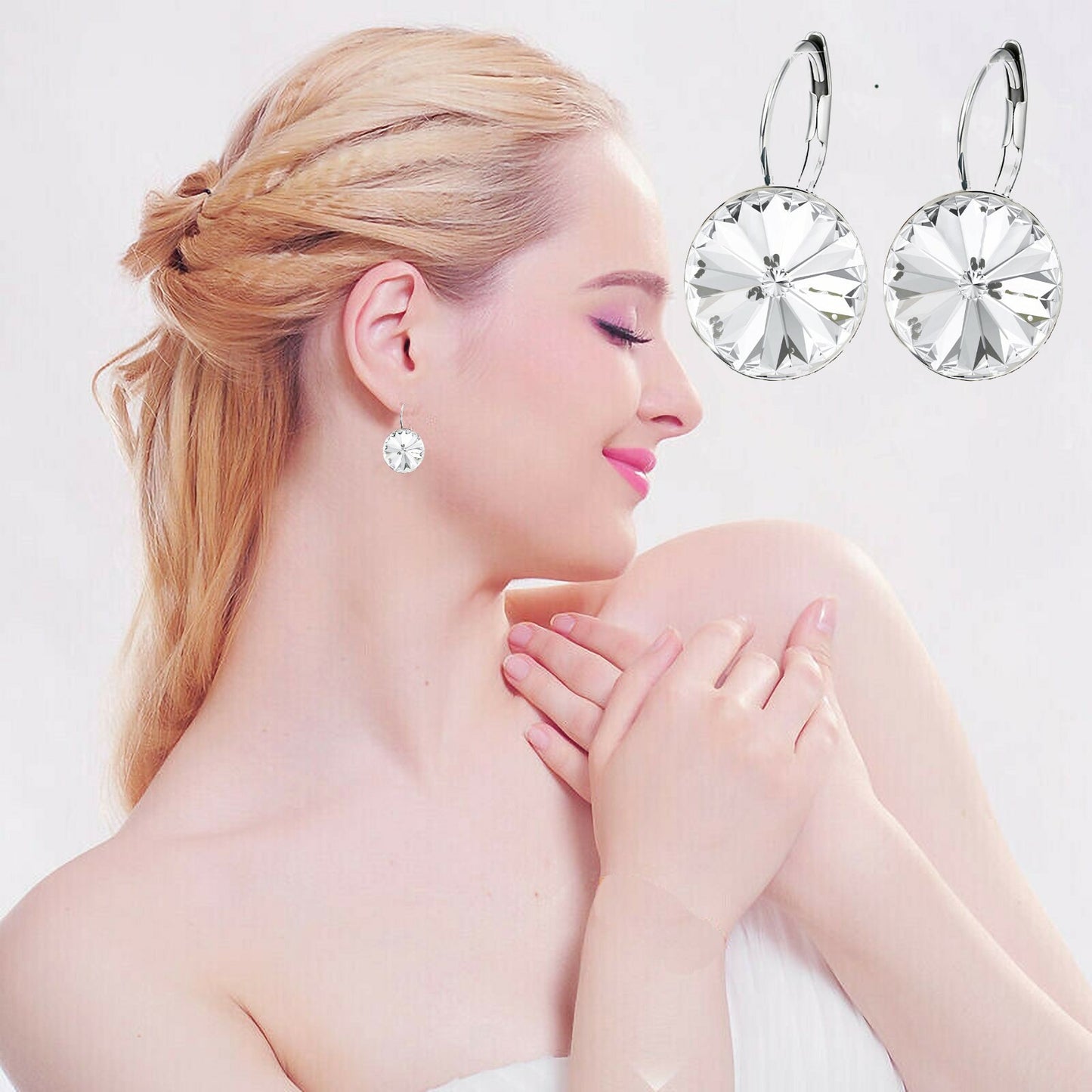 Bella Earrings Women Round Large LEVER BACK made with SWAROVSKI crystal