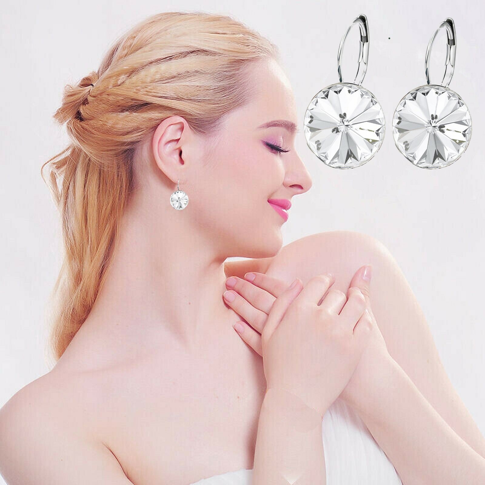 Bella Earrings Women Round Large LEVER BACK made with SWAROVSKI crystal